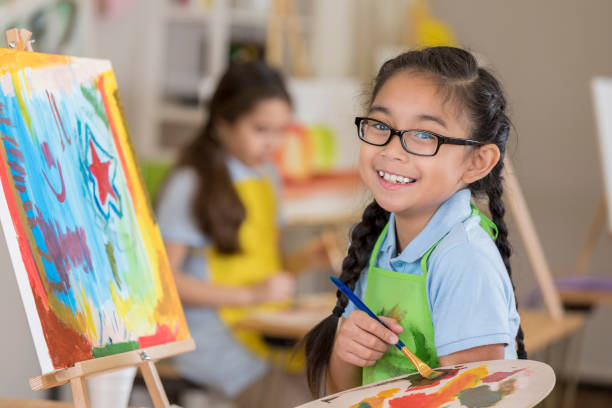 Girl painting at an easel in an art class